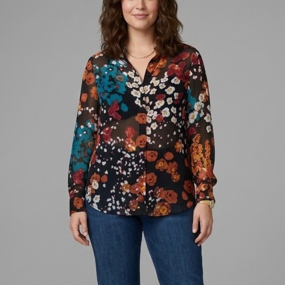 Alice + Olivia Floral Print Silk Blend Sheer Blouse Black Multi Size Medium
